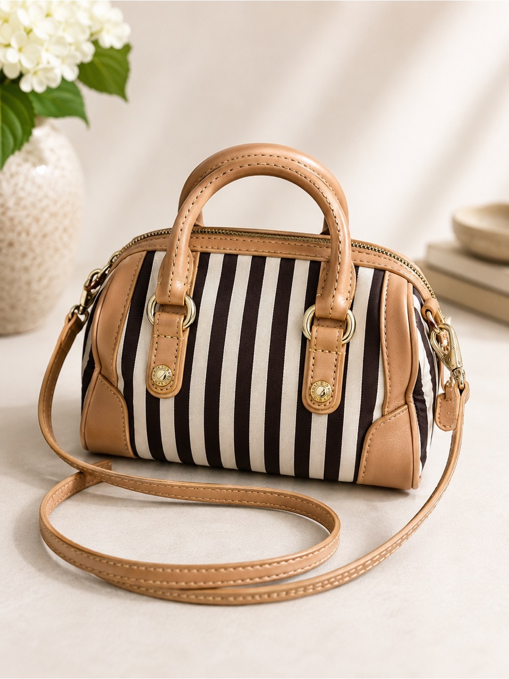 Henri Bendel Jetsetter Mini Satchel Stripe Canvas Leather Crossbody Dust Bag